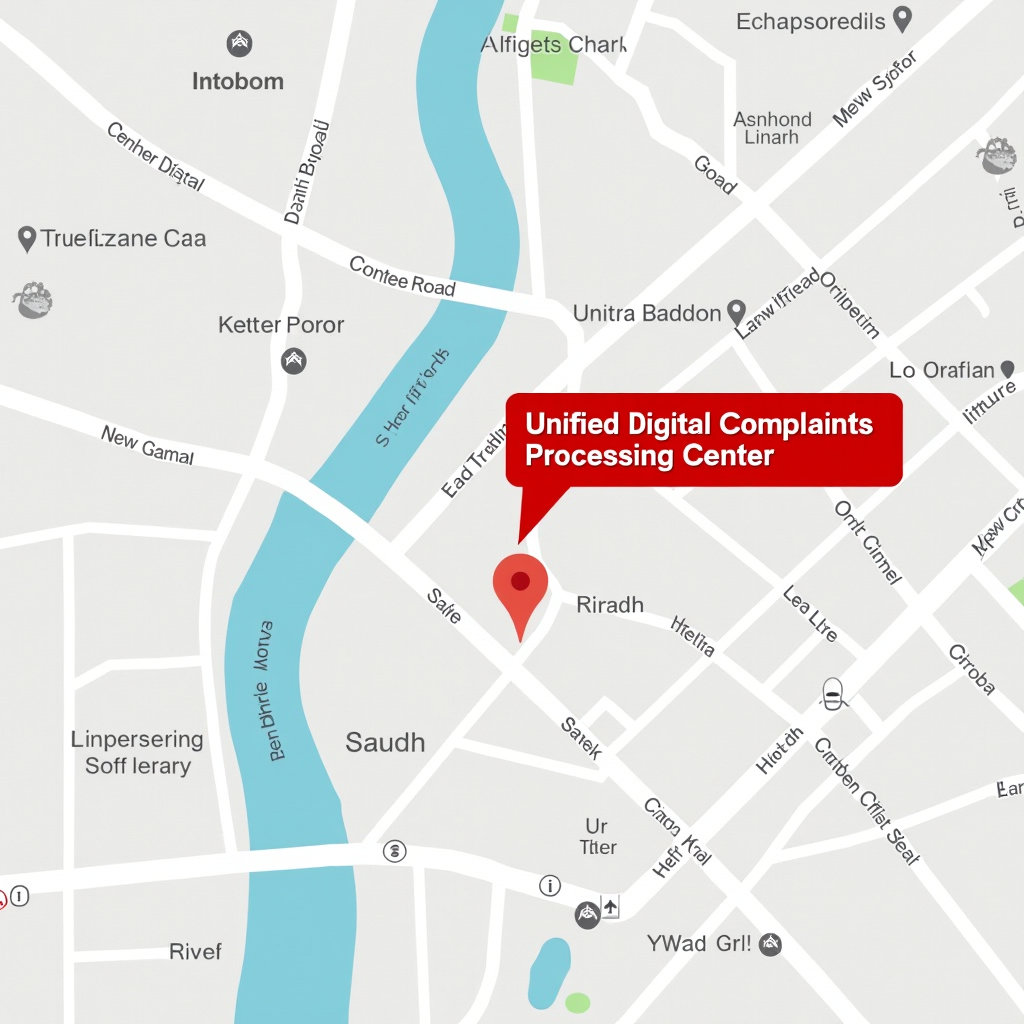 خريطة توضح موقع مركز معالجة الشكاوى الرقمية الموحدة على شارع الملك فهد في حي الحمراء بالرياض، المملكة العربية السعودية، مع علامات واضحة للشوارع المحيطة والمعالم القريبة