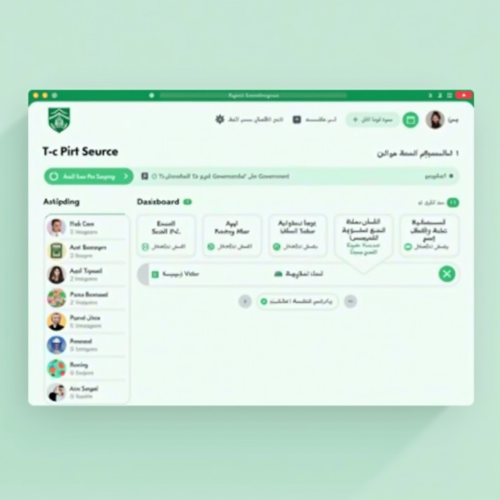 لقطة شاشة توضيحية لواجهة بوابة حكومية نموذجية تعرض لوحة التحكم الرئيسية مع قائمة الخدمات المتاحة، شريط التنقل العلوي باللون الأخضر الملكي، بطاقات الخدمات المنظمة في شبكة، ومؤشرات الحالة والإشعارات. التصميم يتبع معايير إمكانية الوصول مع تباين ألوان واضح وخطوط عربية واضحة