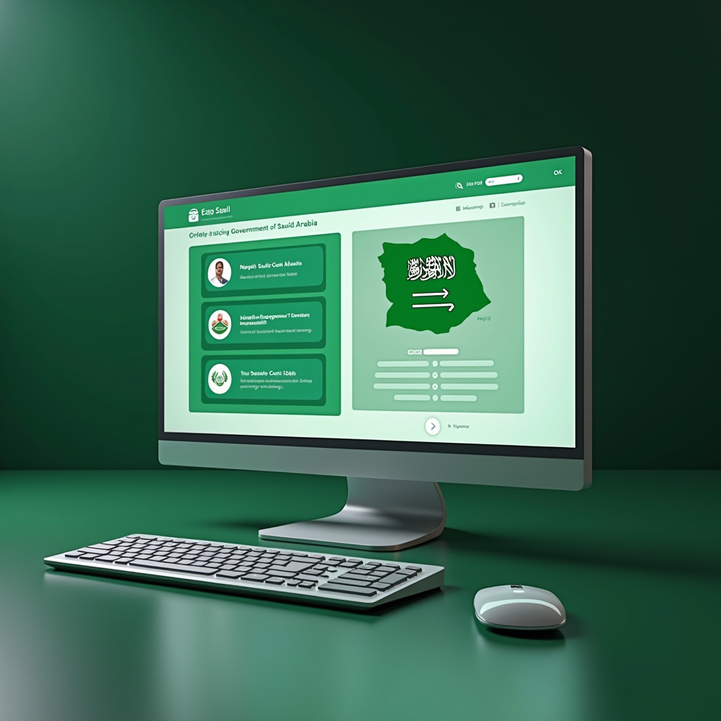 صورة توضيحية لبوابة إلكترونية حكومية سعودية حديثة تعرض واجهة رقمية احترافية باللون الأخضر الملكي والرمادي، مع أيقونات تمثل الخدمات الحكومية المختلفة وشعار المملكة العربية السعودية، تصميم نظيف ومهني يعكس التحول الرقمي الحكومي