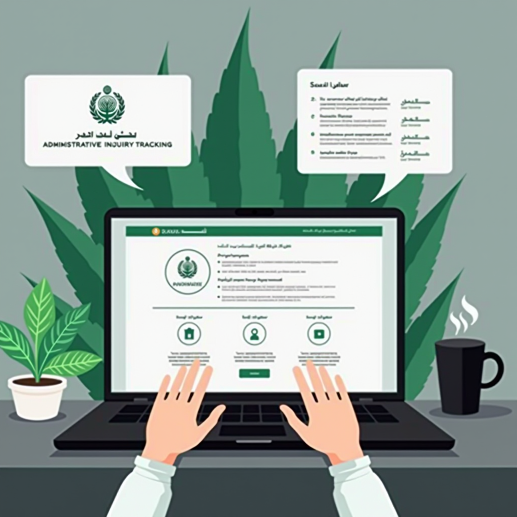 صورة توضيحية تظهر شخصاً يستخدم جهاز كمبيوتر محمول للوصول إلى بوابة إلكترونية حكومية سعودية، مع واجهة رقمية تعرض نموذج متابعة استفسار إداري، وأيقونات تمثل مراحل المعالجة المختلفة، بخلفية تحتوي على عناصر تصميمية باللونين الأخضر والرمادي تعكس الطابع الحكومي الرسمي