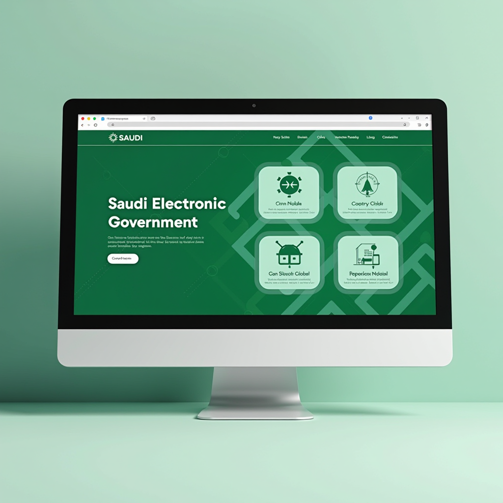 صورة توضيحية لشاشة كمبيوتر تعرض منصة حكومية إلكترونية سعودية مع واجهة مستخدم حديثة ورموز رقمية، بألوان الأخضر الملكي والأبيض