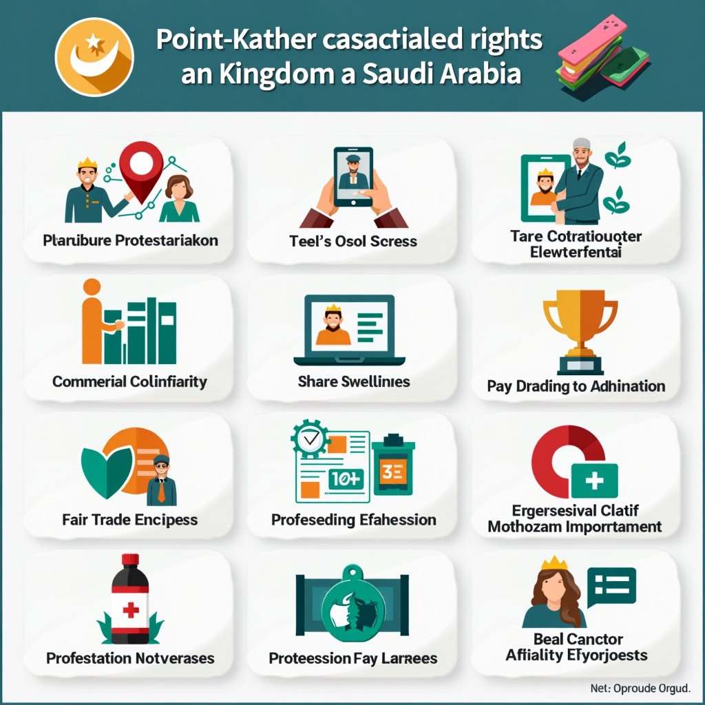 إنفوجرافيك تعليمي ملون يلخص النقاط الرئيسية للوعي بحقوق المستهلك في المملكة العربية السعودية، يتضمن أيقونات ورسوم توضيحية لمفاهيم الحماية والممارسات التجارية العادلة والموارد الرسمية